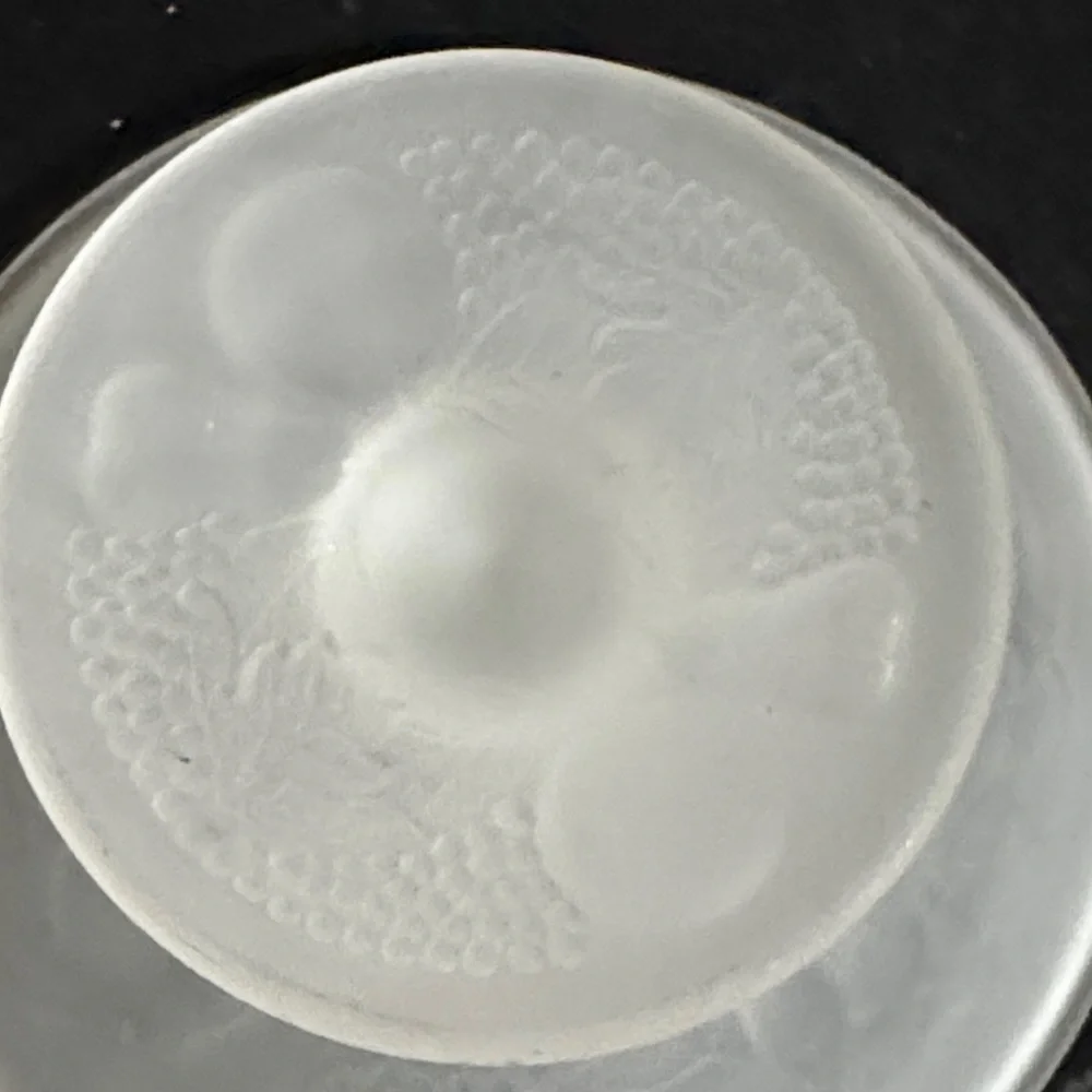 Elegant Frosted Glass Pedestal Cake Stand with press fruit patterns in glass